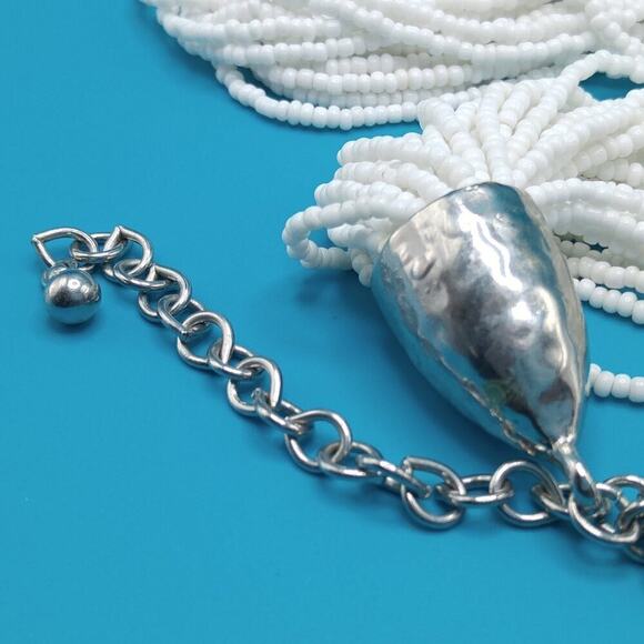 Chico's White Seed Bead Necklace, 30 Strands, Hammered Silver End Caps, 26 Inch - Picture 11 of 12